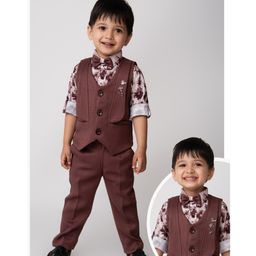 LITTLE COLLARS Blended Full Sleeves Floral Printed 3 Piece Party Suit Set With Bow & Brooches - Wine-image-21