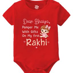Baby Buzz 100% Cotton Knit Raksha Bandhan Theme Half Sleeves Dear Bhaiya Pamper Me With Gifts Text Printed Onesie - Red-image-21