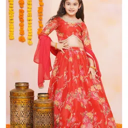 Bitiya By Bhama Silk Woven Three Fourth Sleeves Floral Printed Gota Lace Embellished Coordinating Lehenga Choli With Dupatta Set - Red-picture-8