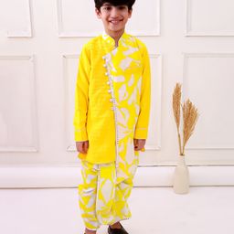 Twisha Cotton Woven Full Sleeves Abstract Printed Mirror Work Detailed Coordinating Dhoti Kurta Set - Yellow & White-image-23