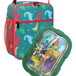 Little Surprise Box 2 pcs Dino LunchBag & Stainless Steel 3 section Lunch box for Kids - Green-picture-45