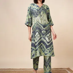 Marigold Lane Tie & Dye Printed V-Neck Flared Sleeves A-Line Kurta With Trousers-48