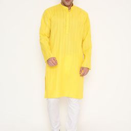 Maharaja Striped Band Collar Straight Kurta With Pyjamas-image-1