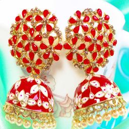 Glamgem Gold-Plated Artificial Stones Studded And Pearls Beaded Dome Shaped Jhumkas-image-94