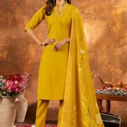 KRITVA FASHION Floral Embroidered Thread Work Straight V-Neck Kurta With Trouser & Dupatta-picture-21