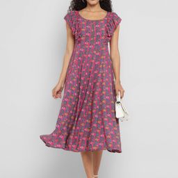 Porsorte Floral Print Flutter Sleeve Fit & Flare Dress-4