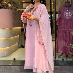 Anouk Geometric Yoke Design Mirror Work Chanderi Silk A-Line Kurta With Trouser & Dupatta image 3