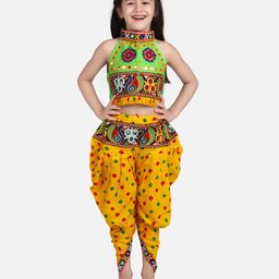 BownBee Peacock Embroidered Halter Neck Sleeveless Choli With Dhoti - Yellow-image-56