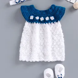 USHA ENTERPRISES Short Sleeves Flower Crochet Dress With Headband & Booties - Blue-picture-44