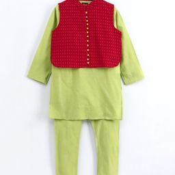 Twisha Full Sleeves Solid Kurta With Jacket & Pajama - Lemon Green-image-126