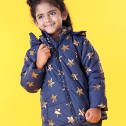 Babyhug Full Sleeves Star Print Hooded Jacket - Blue-image-84