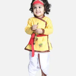 BownBee Janmashtami Theme Full Sleeves Peacock Embroidered Kurta With Dhoti  & Basuri With Mukut & Band - Yellow-picture-45