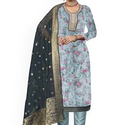 HERE&NOW Floral Printed Thread Work Organza Unstitched Dress Material-image-91