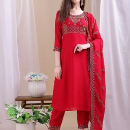 KALINI Ethnic Design Yoke Design Round Neck Anarkali Kurta With Trouser & With Dupatta-image-131