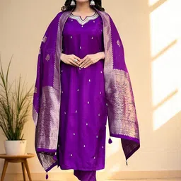 Sangria Floral Embroidered Thread Work Notch Neck Straight Kurta With Trouser And Dupatta-image-16
