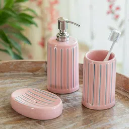 ExclusiveLane Pink & Blue 3 Pieces Striped Ceramic Bath Accessories Set-12
