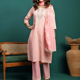 BANDIA Bandhani Printed Mirror Work Pure Cotton Straight Kurta with Trousers & Dupatta-8