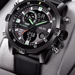 ALIX Men Brass Patterned Dial & Leather Straps Analogue and Digital Multi Function Watch AL3032 BLACK image 2