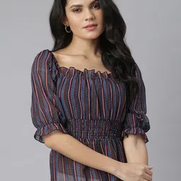 KASSUALLY Women Print Puff Sleeve Georgette Cinched Waist Top-image-34