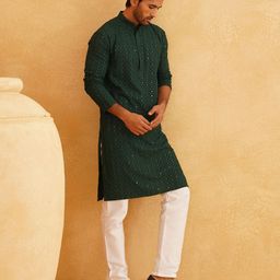 SOJANYA Men Ethnic Motifs Embroidered Regular Sequinned Pure Cotton Kurta with Churidar-picture-12