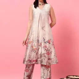 MAHUKAA Women Floral Printed V-Neck Regular Pure Cotton Kurta with Trousers-picture-53