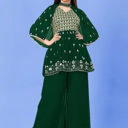 PARROT CREATION Floral Embroidered Pleated Georgette A-Line Kurti with Palazzos & Cape-image-50