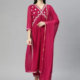 DIVASTRI Women Floral Yoke Design Regular Thread Work Kurta with Trousers & With Dupatta-image-40