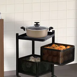 Aura Black Metal 2-Layer Revolving Multipurpose Storage Rack With Wheels-47