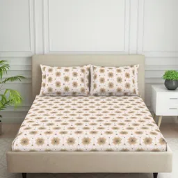 Welspun Brown & White Floral Printed 120 TC Queen Bedsheet With 2 Pillow Covers-image-22