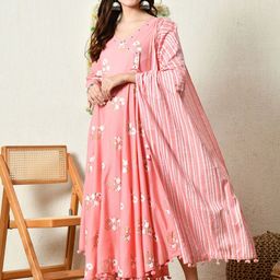 ao services Floral Printed Thread Work v-Neck Anarkali Kurta-image-57