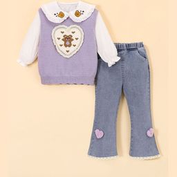 Hopscotch Girls Polyester 3-Pc Bear Heart Detail Jeans Set-picture-12
