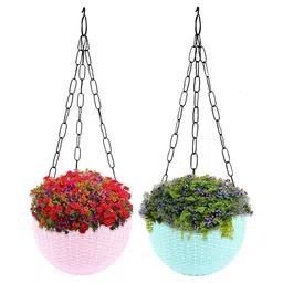 Kuber Industries Pink & Green 2 Pieces Textured Round Marble Euro Hanging Planters-image-81