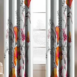 BELLA TRUE White & Orange 2 Pieces Floral Printed Ripple Fold Window Curtains-image-40