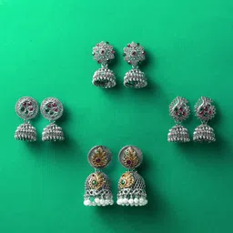 aadita Set Of 4 Silver-Plated Artificial Stones Studded Dome Shaped Jhumkas-13