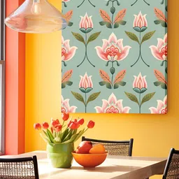Art Street Pink & Green Indian Folk Lotus Floral Stretched Canvas Painting Wall Art-image-46