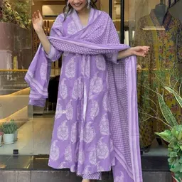 GEKHA Floral Printed Pleated Thread Work Pure Cotton Anarkali Kurta With Trouser & Dupatta-39