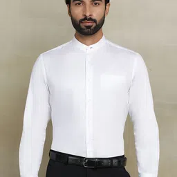 METAL Men Band Collar Solid Cotton Slim Fit Formal Shirt-image-42