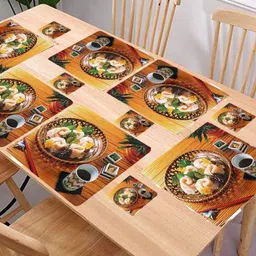 REVEXO 6Pc Brown & Green Printed Rectangle Costers & Table Placemats-50