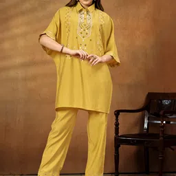 Anouk Yellow Embroidered Top With Trouser Co-Ords-picture-38