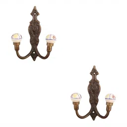 IndianShelf Cream Colored & Brown 2 Pieces Floral Printed Ceramic Wall Hooks-14