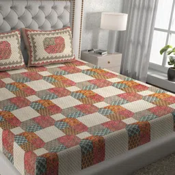 Aura Peach-Coloured & Beige Graphic Pure Cotton 120 TC Queen Bedsheet Set2.35 x 2.15 Mts-11
