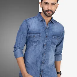 D Finish Spread Collar Smart Denim Casual Shirt-image-75