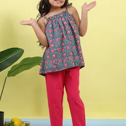 Sangria Girls Floral Printed Sleeveless Pure Cotton Top With Trouser-image-88