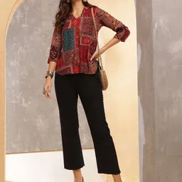 Anouk Rustic Floral Print Mandarin Collar Top-30