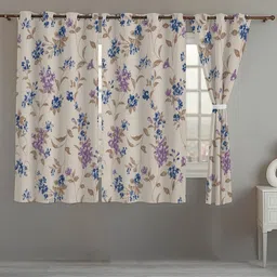 ANA Cream & Blue 3 Pieces Floral Room Darkening Cotton Window Curtain-13