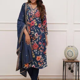 JAPNAAM Floral Printed Thread Work Chanderi Silk Straight Kurta With Trousers & Dupatta-5