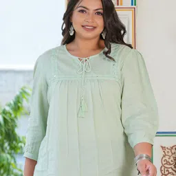 IKRASS Women Embroidered Keyhole Neck A-Line Top-image-9