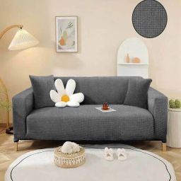 cortina Grey Solid Jacquard 2 Seater Stretchable Sofa Cover-picture-18