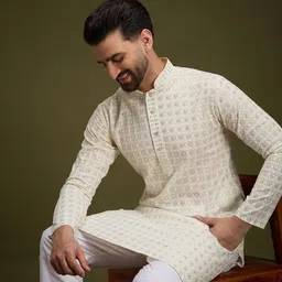 Pulseiq Men Geometric Embroidered Festive Cotton Straight Kurta-image-85