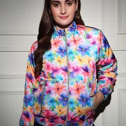 BAESD Women Mock Collar Floral Printed Casual Lightweight Bomber Jacket-image-4